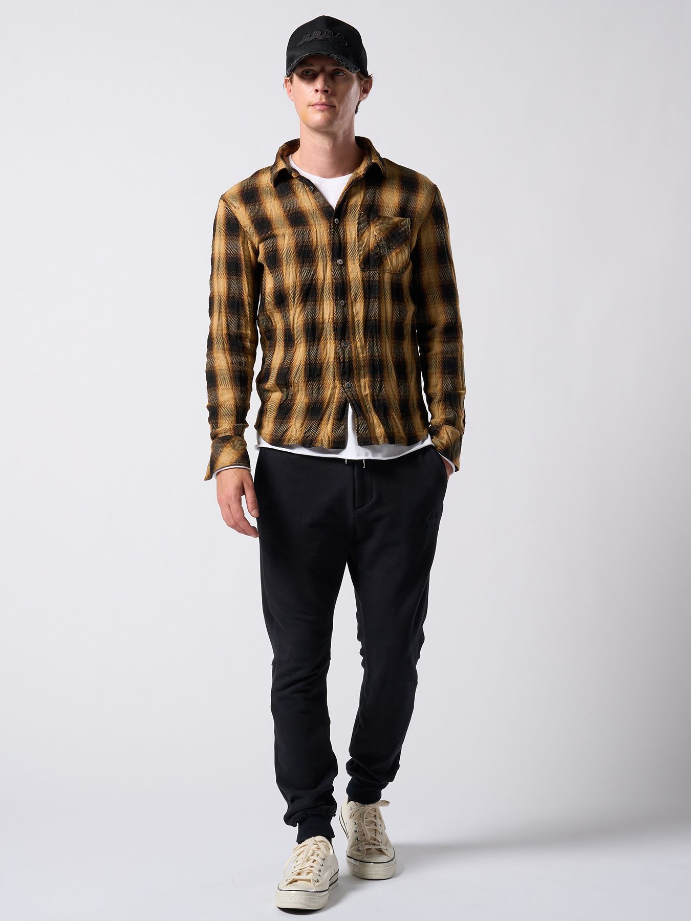 【予約品】muta × wjk collection：twist wrinkle check shirt / シワ加工チェックシャツ / イエローチェック
