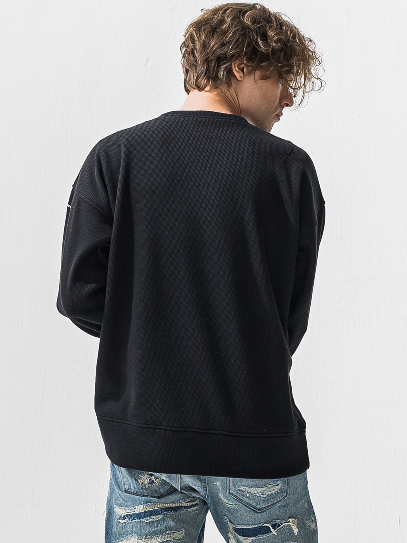 【予約品 9月6日(日) 締切】VELOURS FLEECE THERMAL LOOSE TRAINER / 裏起毛 ハニカムサーマル ルーズトレーナー / ブラック
