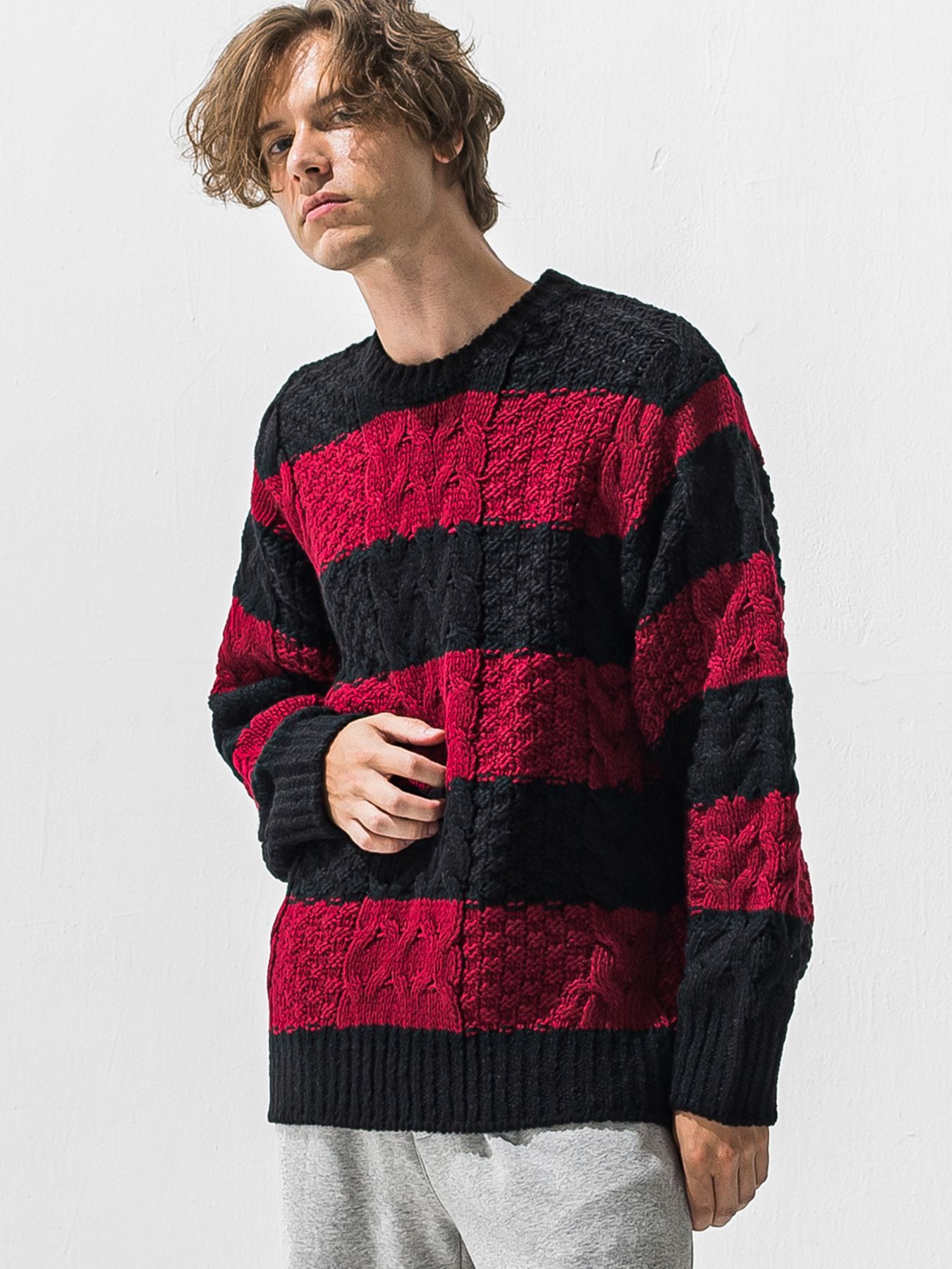 【予約品 9月6日(日) 締切】CABLE LAW SWEATER / ケーブル編みローゲージセーター / ブラック×レッド