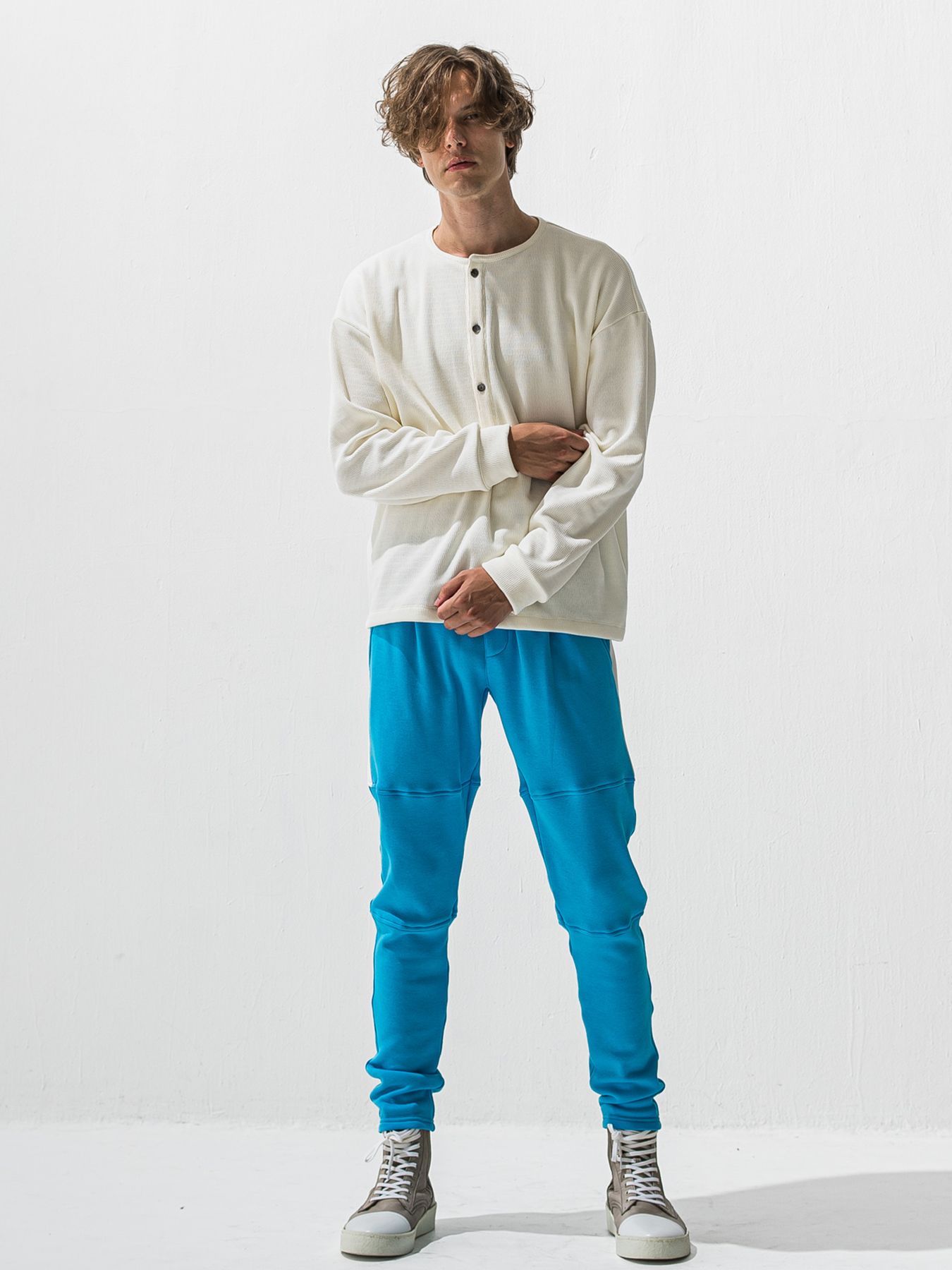 【予約品 9月6日(日) 締切】OVER HENRY VELOURS FLEECE THERMAL / 裏起毛 ハニカムサーマル オーバーサイズヘンリーネック / ホワイト