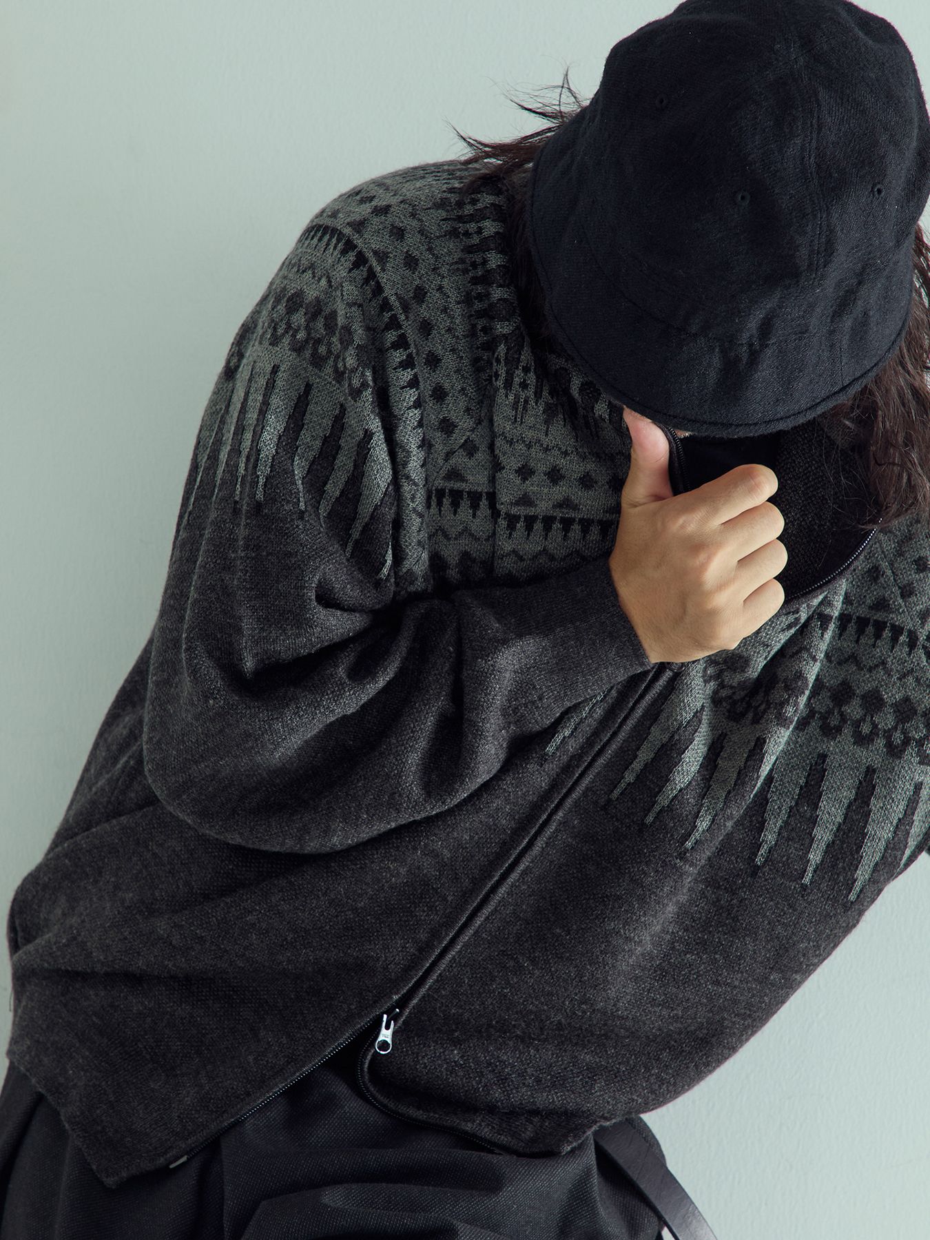 【予約品 】ARROWKNIT / ジャガードニットカーディガン / 杢ブラック×杢グレー系