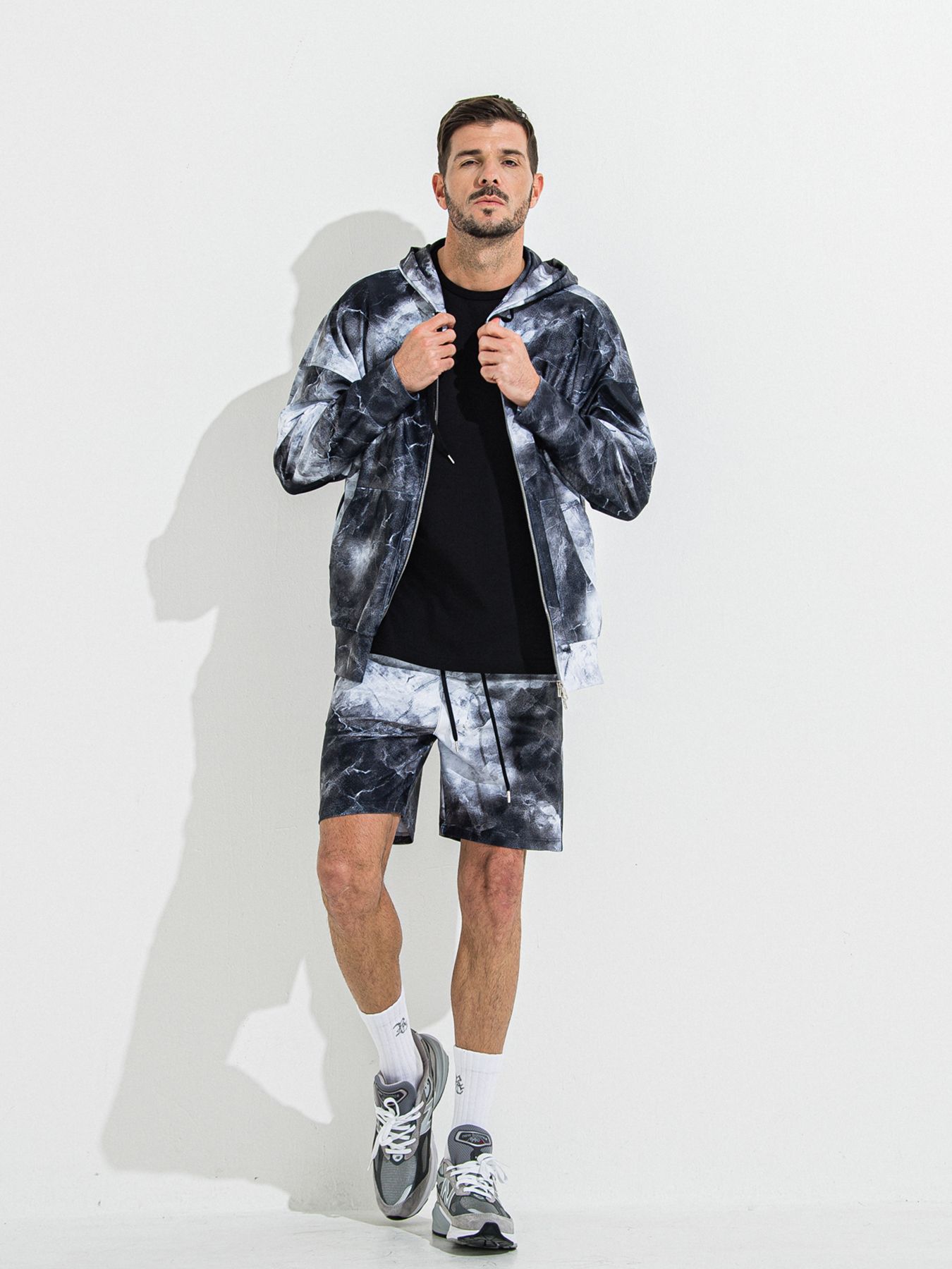【予約品 】RASH OVER ZIPUP HOODIE / ラッシュガード オーバーサイズジップアップパーカー / マーブルブラック