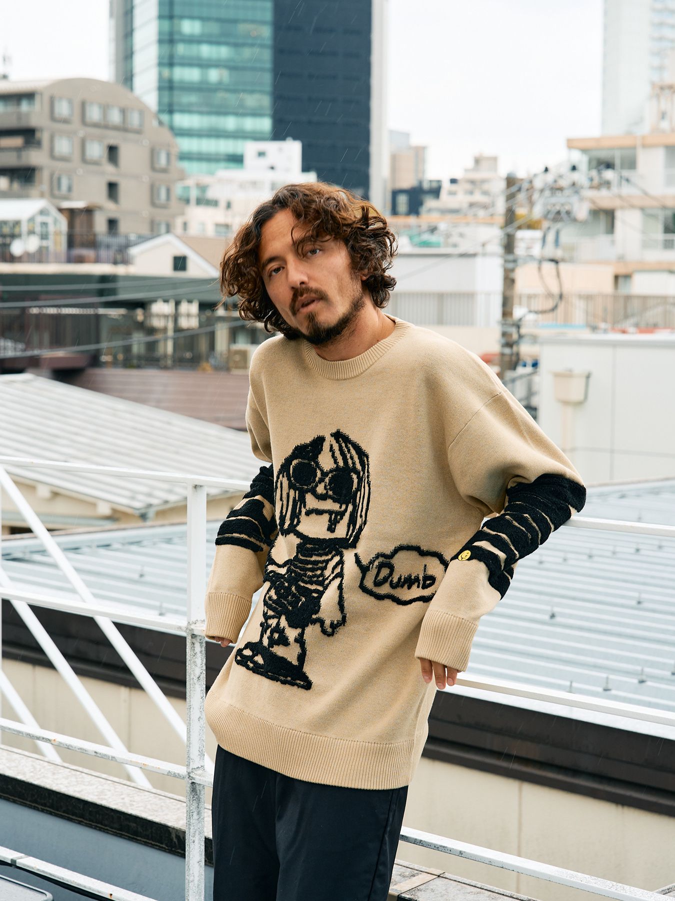 【予約品 】 アクリルコットン- モールヤーンカートイラスト 立体ダブルジャガード プルオーバー / ベージュ