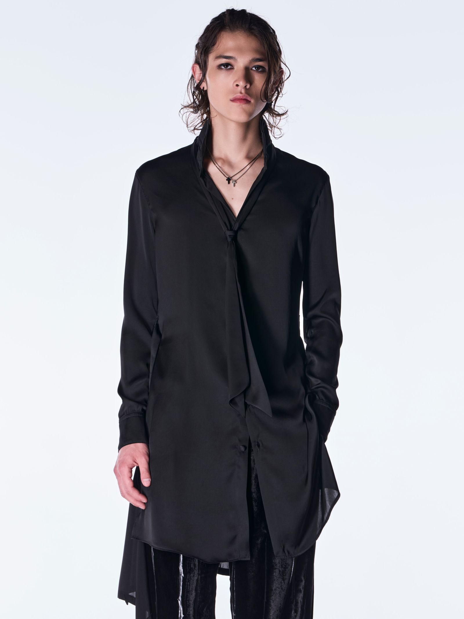 【予約品 6月29日(月) 締切】Vintage Satin Stand Collar Shirt / スタンドカラー シャツ / ブラック