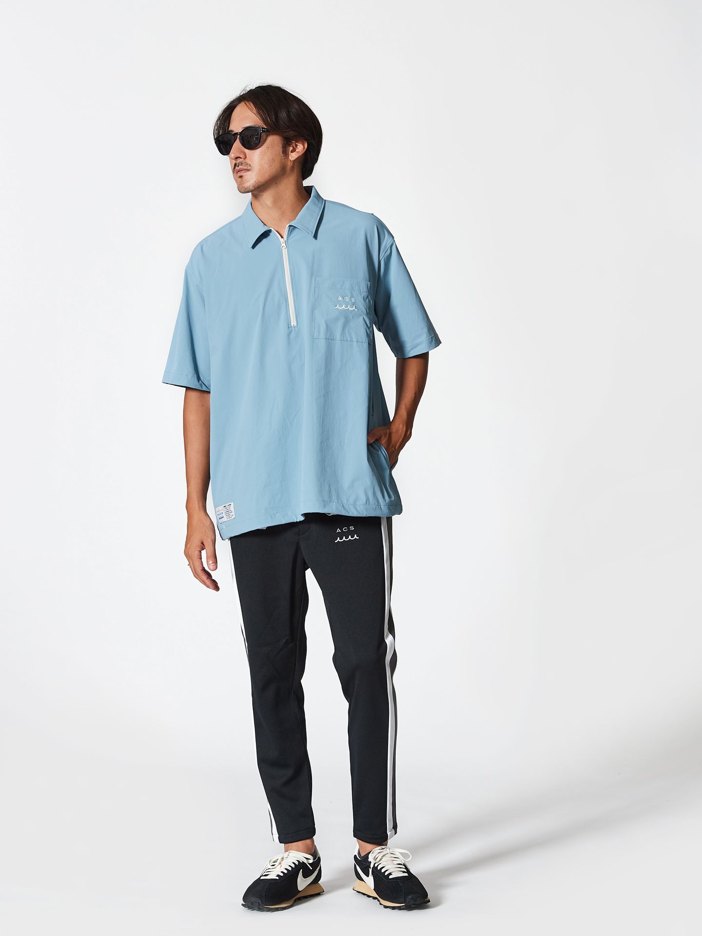 muta Half ZIP S/S Shirt / プルオーバーシャツ / ブルー 【Acanthus×muta】