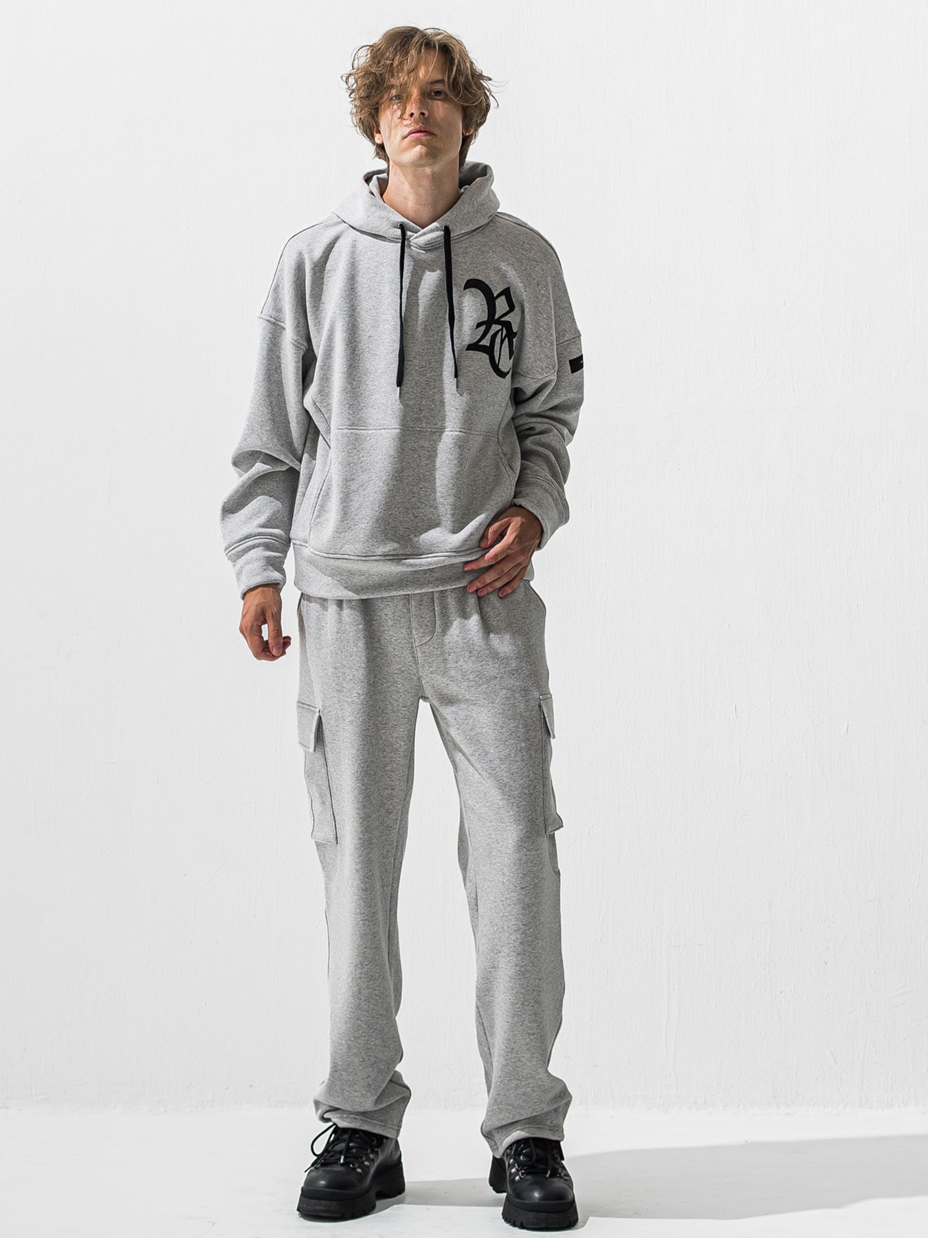 【予約品 9月6日(日) 締切】RC VELOURS FLEECE HOODIE / RCレザーワッペン 裏起毛 ルーズフーディー / グレー