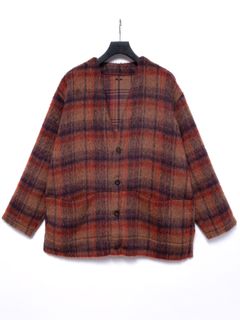 【予約品 4月6日(月) 締切】Alpaca Mixed Wool Shaggy Check Middle Cardigan / アルパカ混ウール シャギー チェック ミドル カーディガン / ブラウン