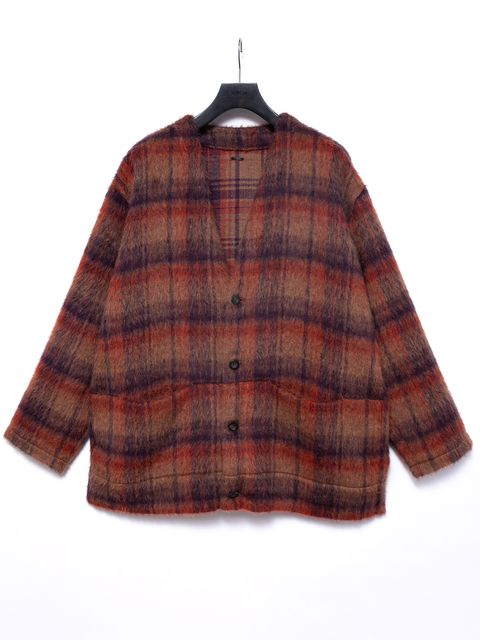 【予約品 4月6日(月) 締切】Alpaca Mixed Wool Shaggy Check Middle Cardigan / アルパカ混ウール シャギー チェック ミドル カーディガン / ブラウン