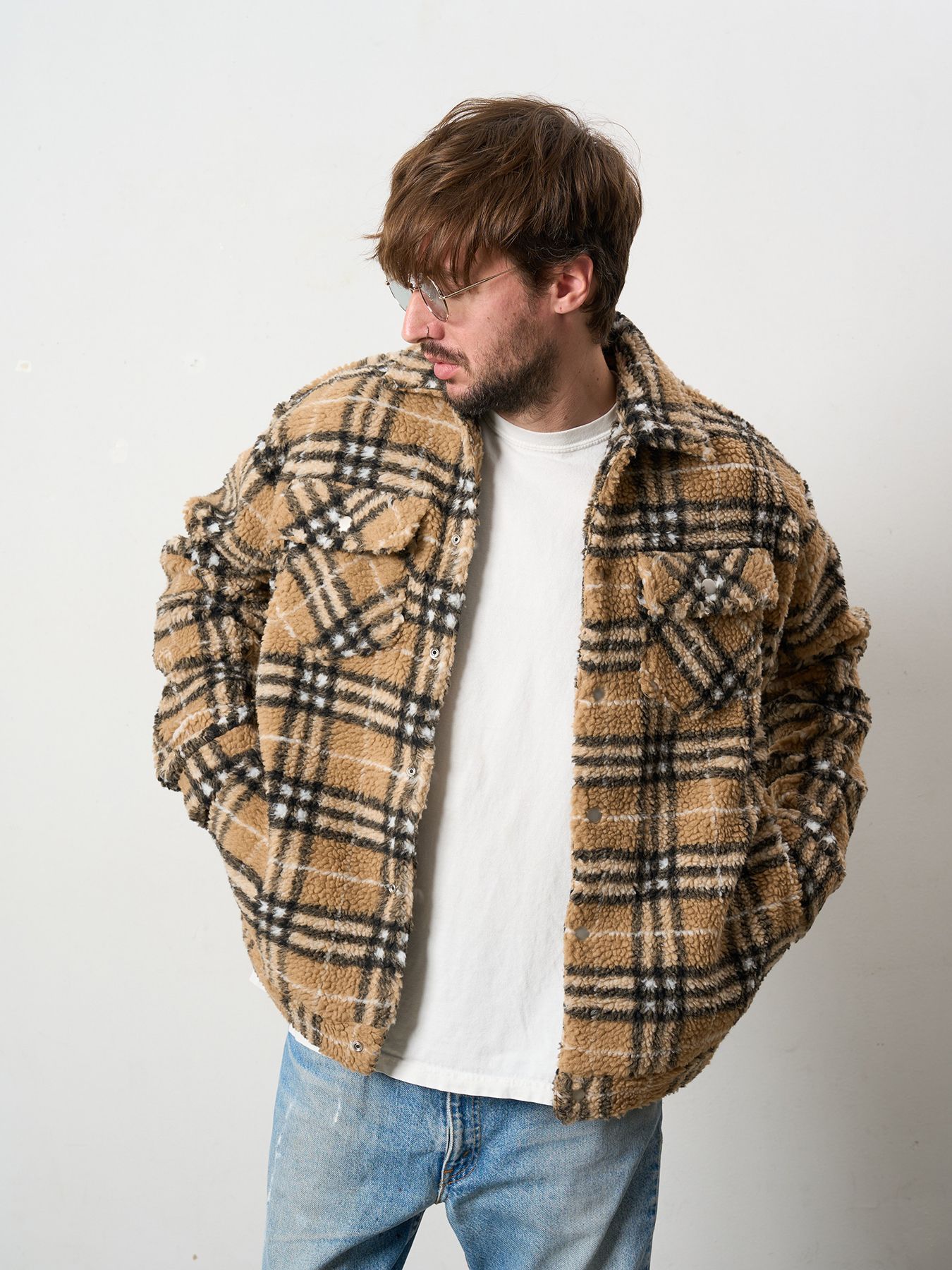 【予約品 】 ブロックチェックムックボア サガラパッチワークブルゾン / ベージュ