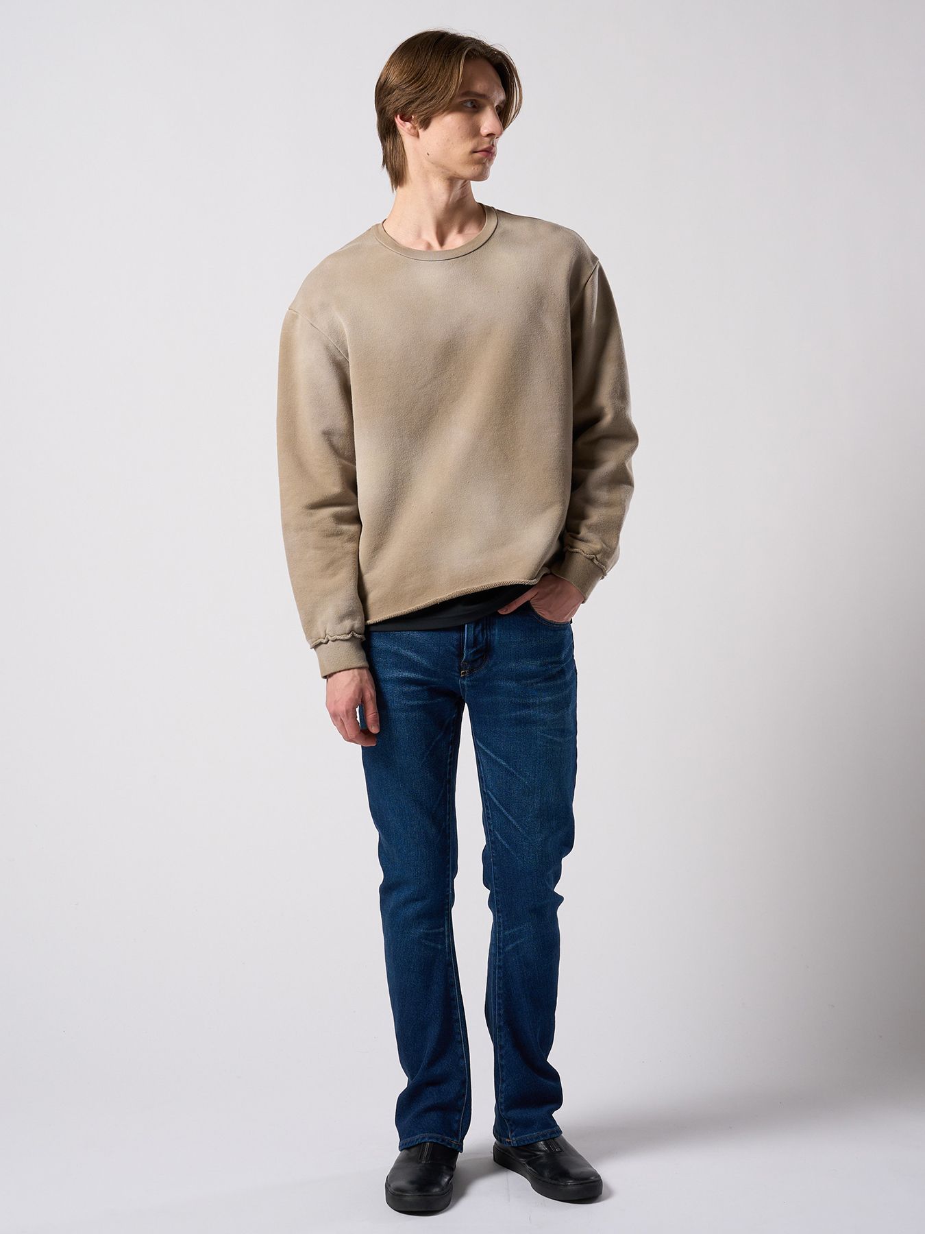 【予約品 4月19日(日) 18時締切】denim jersey 3D banana flare pants / デニムジャージー 3D バナナフレアパンツ / インディゴユーズド