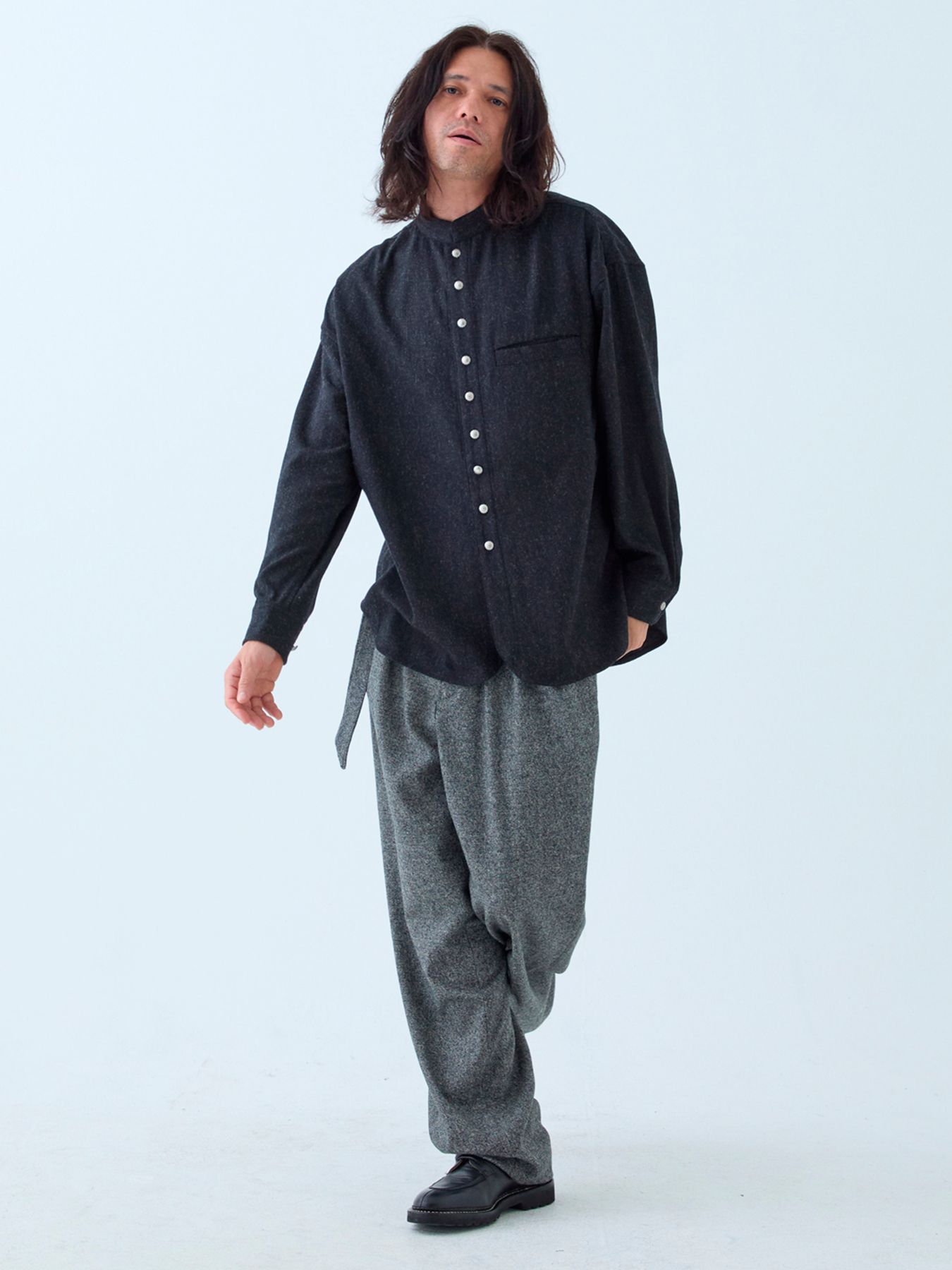 【予約品 】Bojour / ウール デザインシャツ / 杢ブラック
