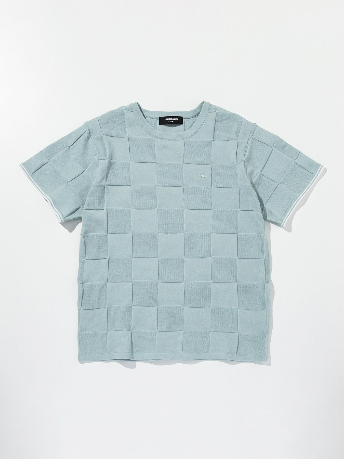 ブロックニット半袖Tシャツ / サックス