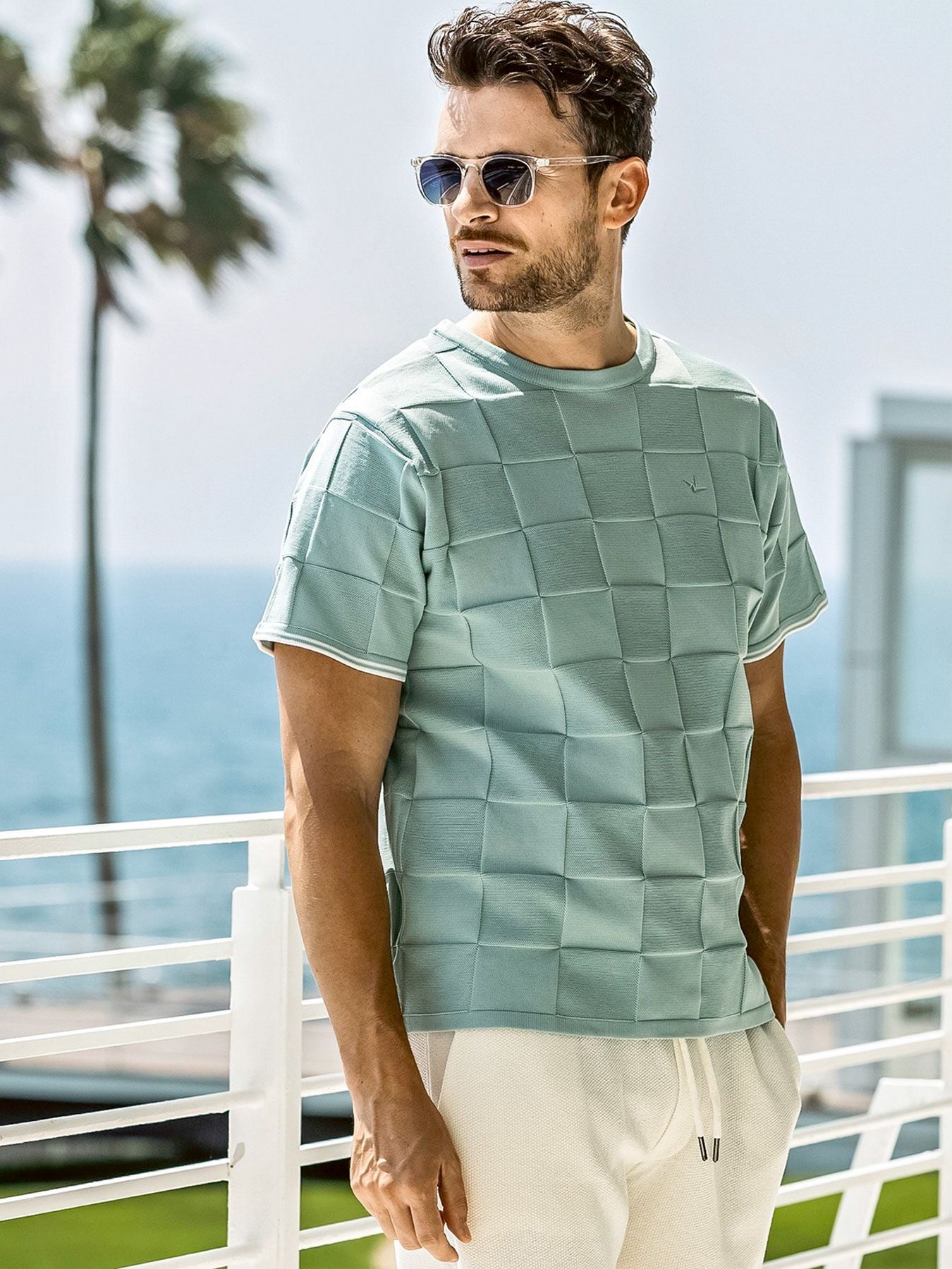 ブロックニット半袖Tシャツ / サックス