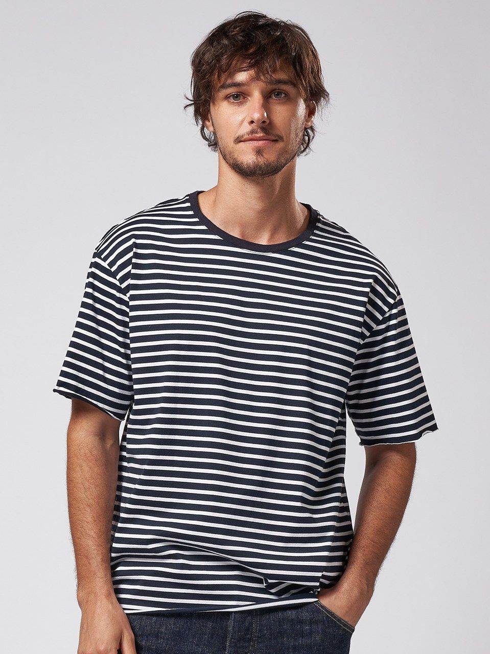 《予約品》 wide cut-off border S/S / ボーダーTシャツ / ネイビー