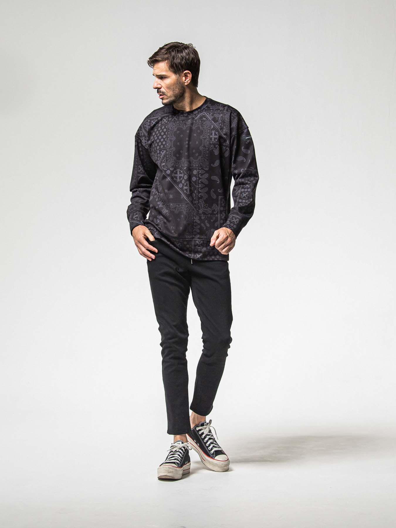 【予約品 8月31日(日) 締切】PAISLEY BACK FLEECE DROP TRAINER / ペイズリー バックフリース ドロップショルダートレーナー / ブラック
