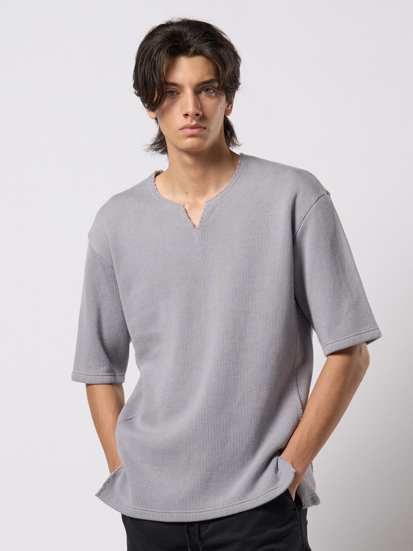【予約品 9月23日(火) 締切】quarter-knit key neck H/S / クォーターニット キーネック ハーフスリーブ / グレー