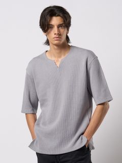 【予約品 9月23日(火) 締切】quarter-knit key neck H/S / クォーターニット キーネック ハーフスリーブ / グレー