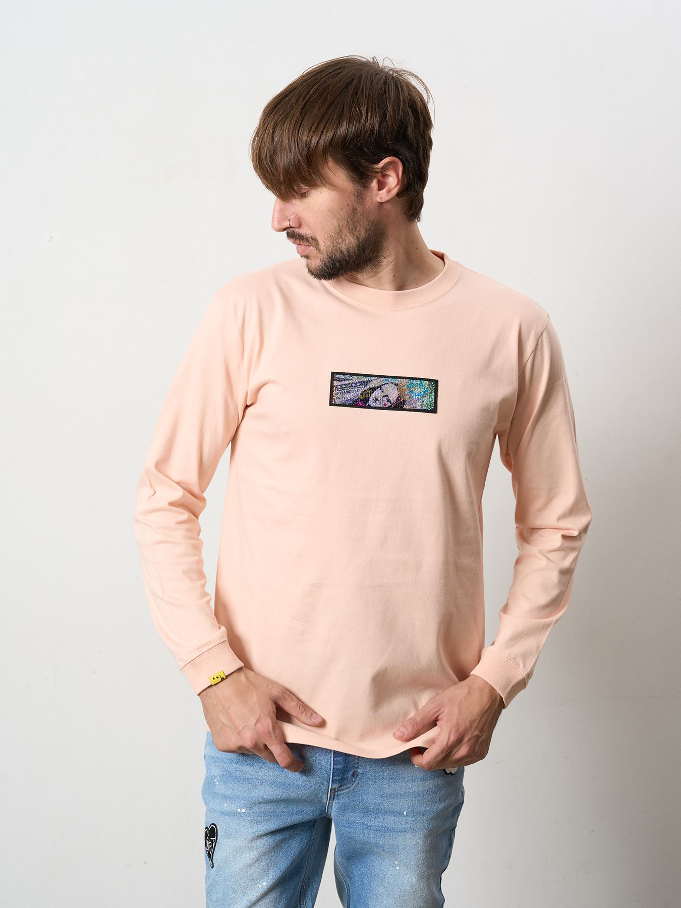 5.6ozコットン天竺 YOU GOT THIS シークインLS Tシャツ / ペールピンク