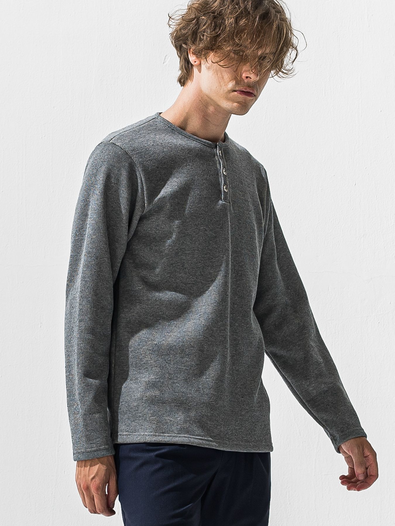 【予約品 9月6日(日) 締切】VELOURS FLEECE THERMAL HENRY / 裏起毛ハニカムサーマルヘンリーネック / グレー