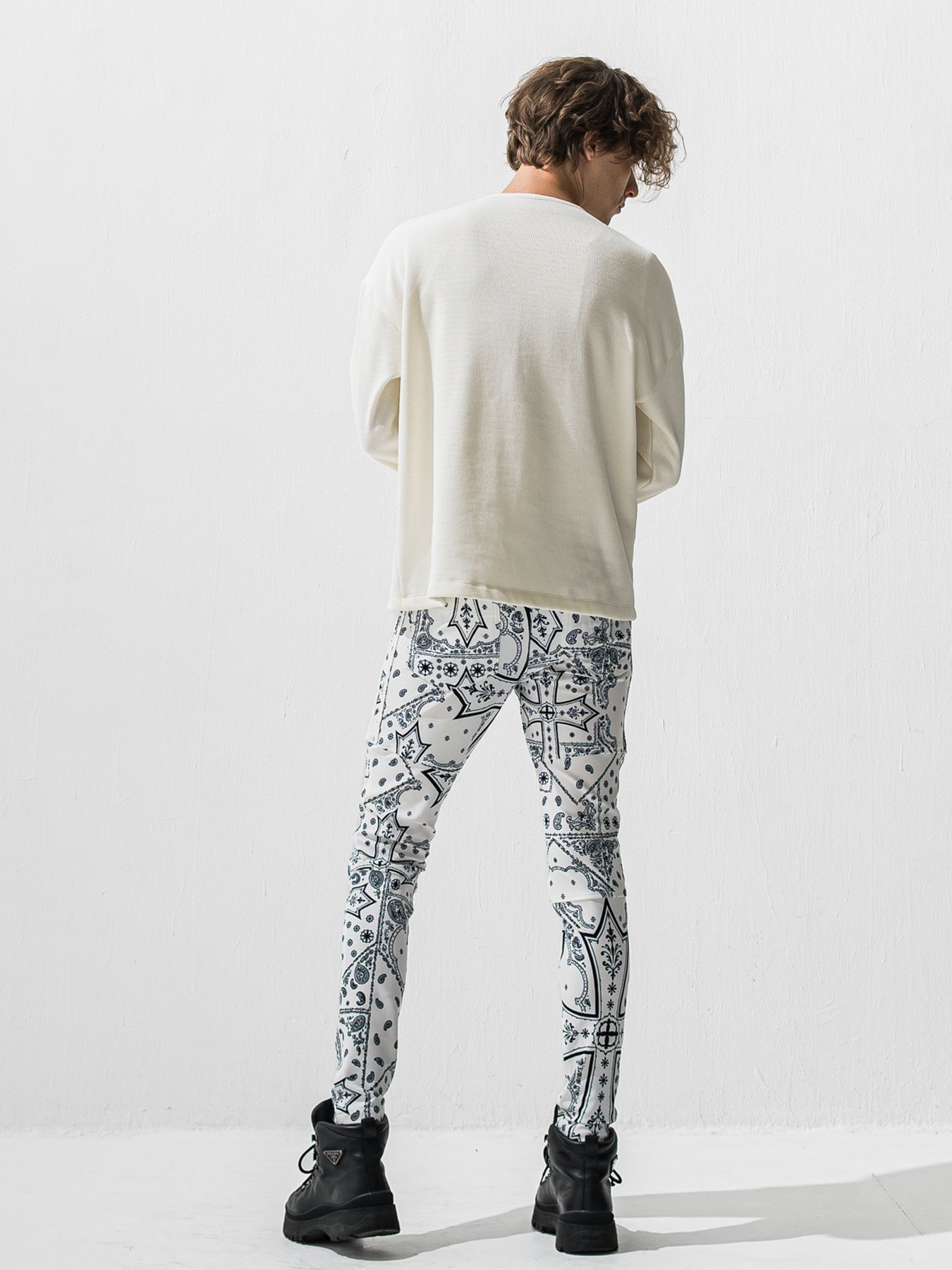 【予約品 9月6日(日) 締切】OVER HENRY VELOURS FLEECE THERMAL / 裏起毛 ハニカムサーマル オーバーサイズヘンリーネック / ホワイト