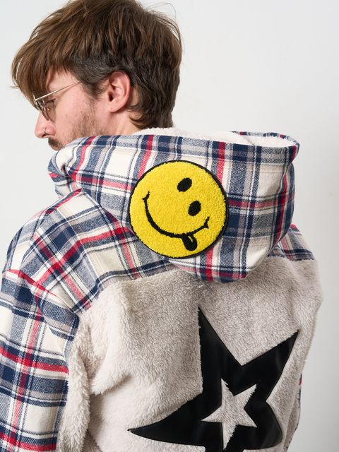 ヘビーネルチェック-ボア レザースター&サガラパッチワーク フーデッドシャツ / オフホワイト