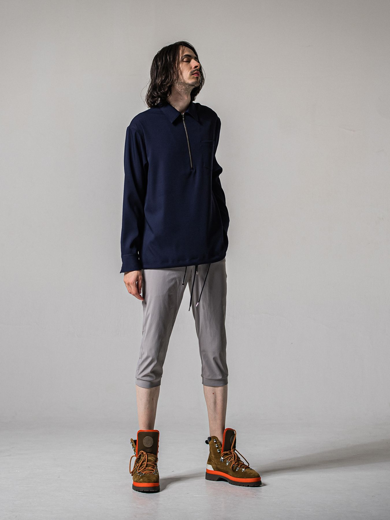 【予約品 11月16日(日) 締切】PULL OVER SATIN SHIRT / ジッププルオーバー サテンシャツ / ネイビー