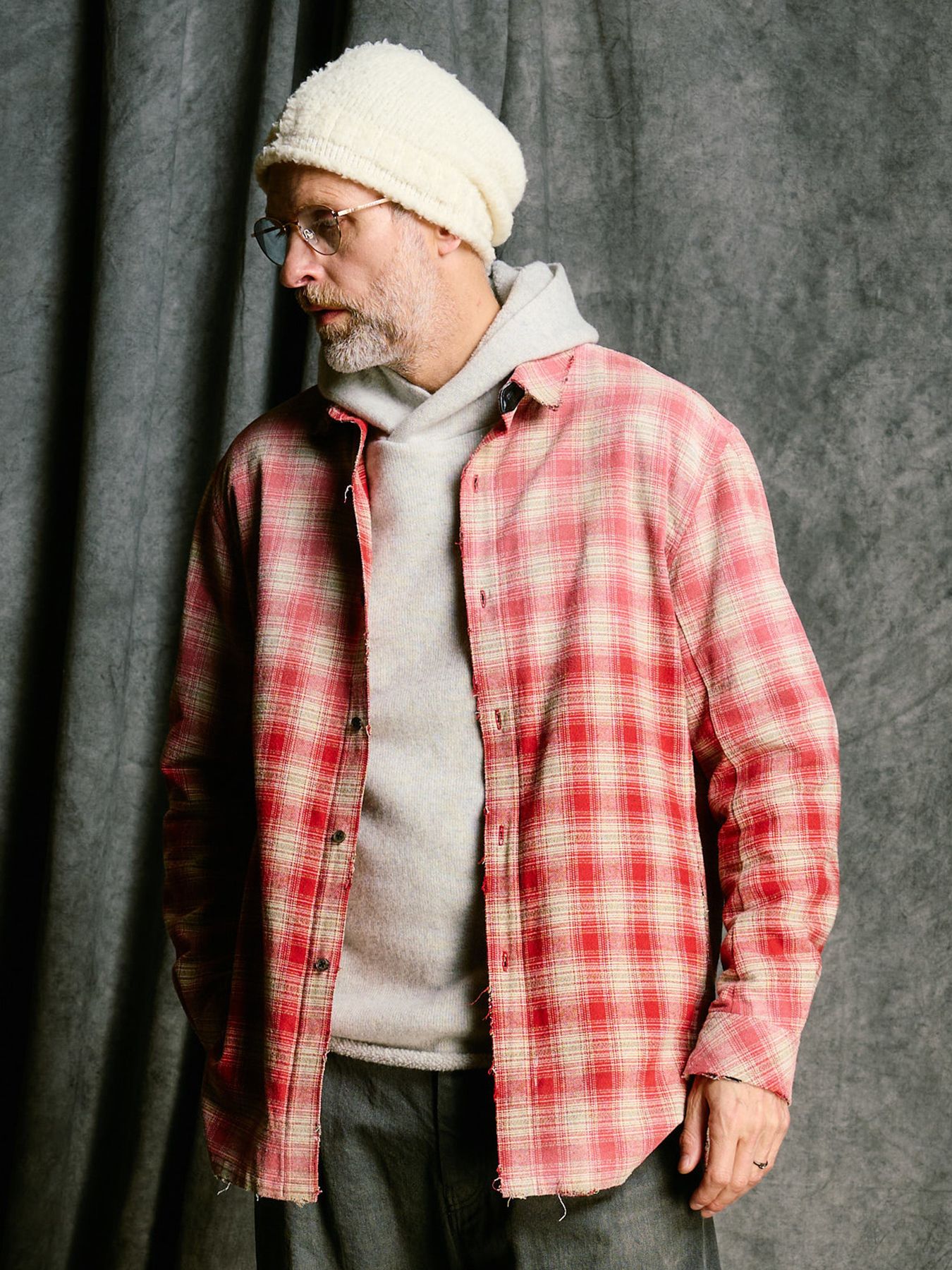 【予約品 4月19日(日) 18時締切】aging loose check shirt / エイジング ルーズ チェックシャツ / フェードレッド