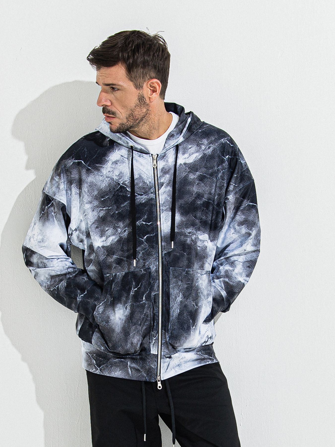 【予約品 】RASH OVER ZIPUP HOODIE / ラッシュガード オーバーサイズジップアップパーカー / マーブルブラック