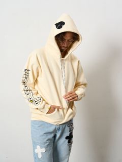 【予約品 5月8日(木) AM10時 締切】 TC裏毛起毛 リリックリボン&MUSICプリントハートサガラパッチワーク プルオーバー パーカー / ナチュラルベージュ