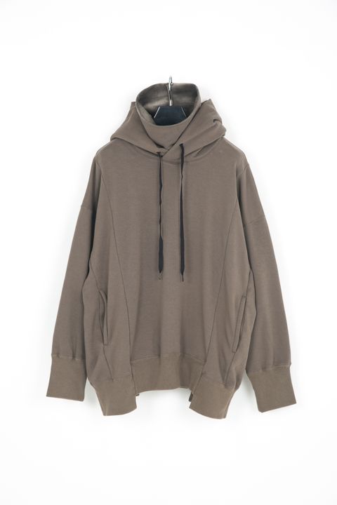 ストレッチコットンポリ ベロア加工ニット ハイネック フーディー / OLIVE 【STRUM】
