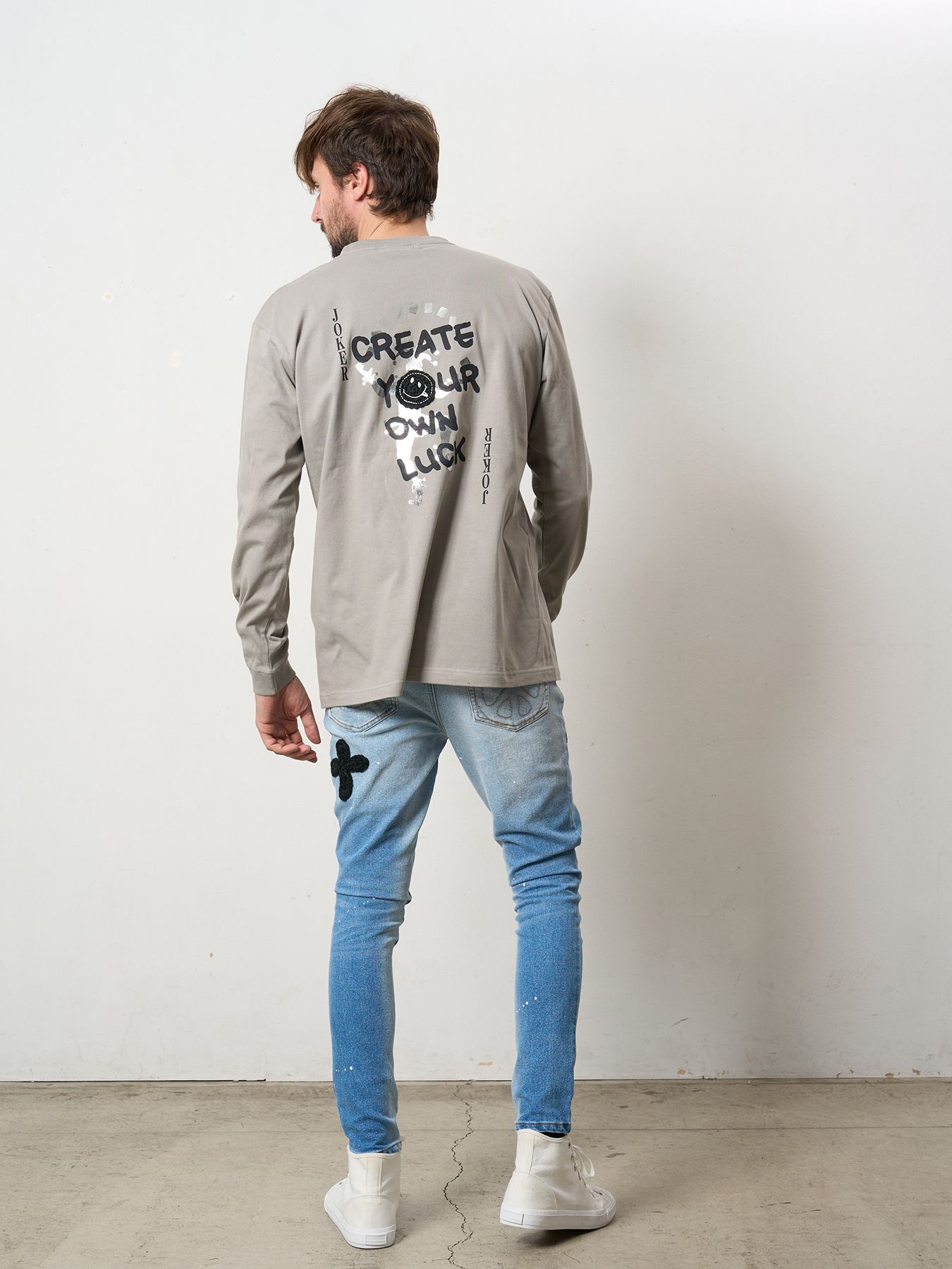 【予約品 5月8日(木) AM10時 締切】 5.6ozコットン天竺 CREATE YOUR OWN LUCK&マルチパッチワーク LS Tシャツ / チャコールグレー