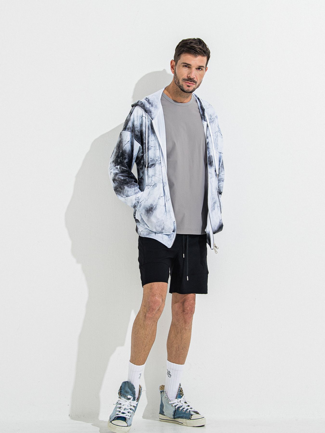 【予約品】RASH OVER ZIPUP HOODIE / ラッシュガード オーバーサイズジップアップパーカー / マーブルホワイト