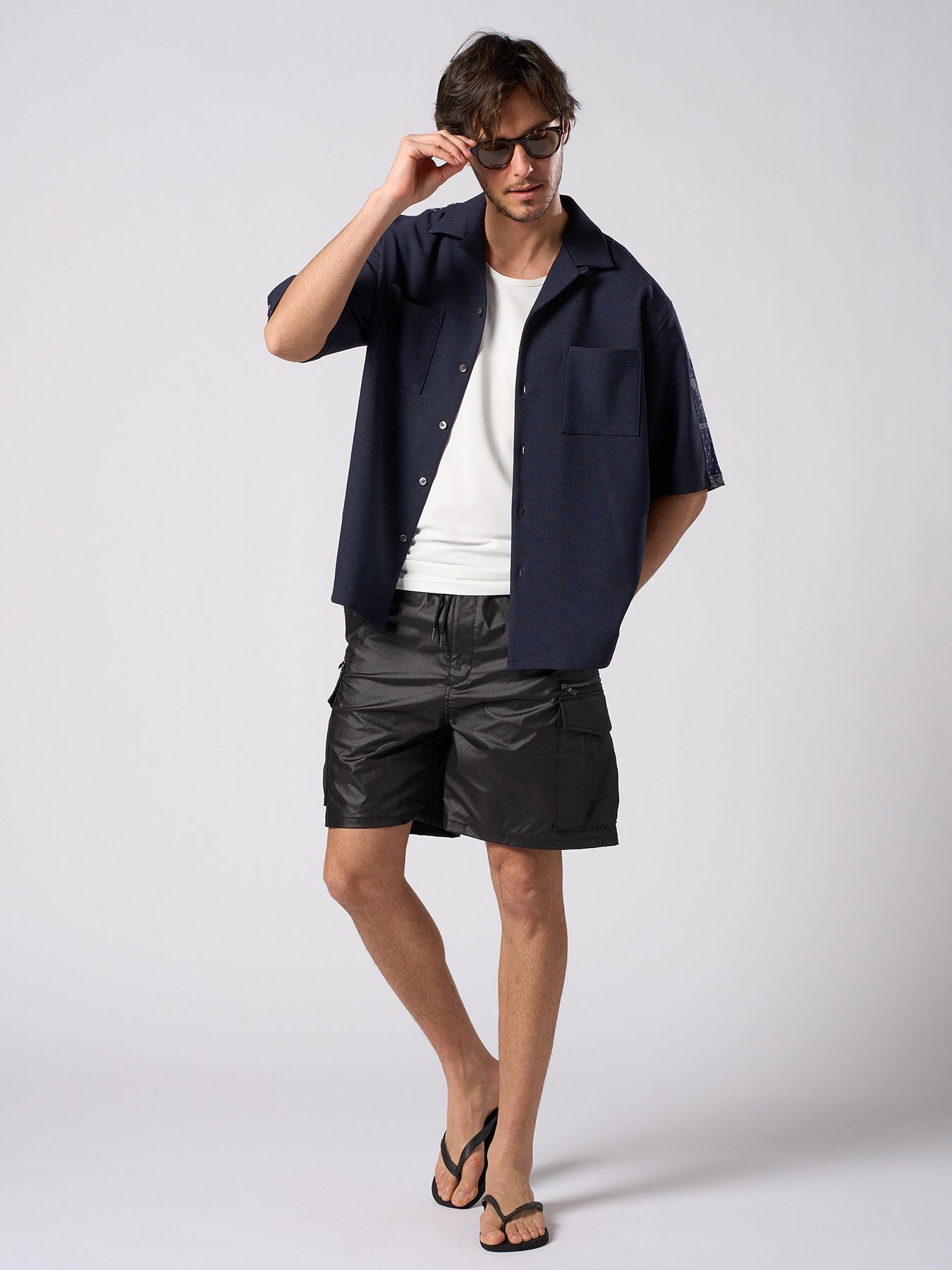 【予約品 1月25日(日) 締切】bandana print panel open shirt / バンダナプリントパネル オープンカラーシャツ / ネイビー