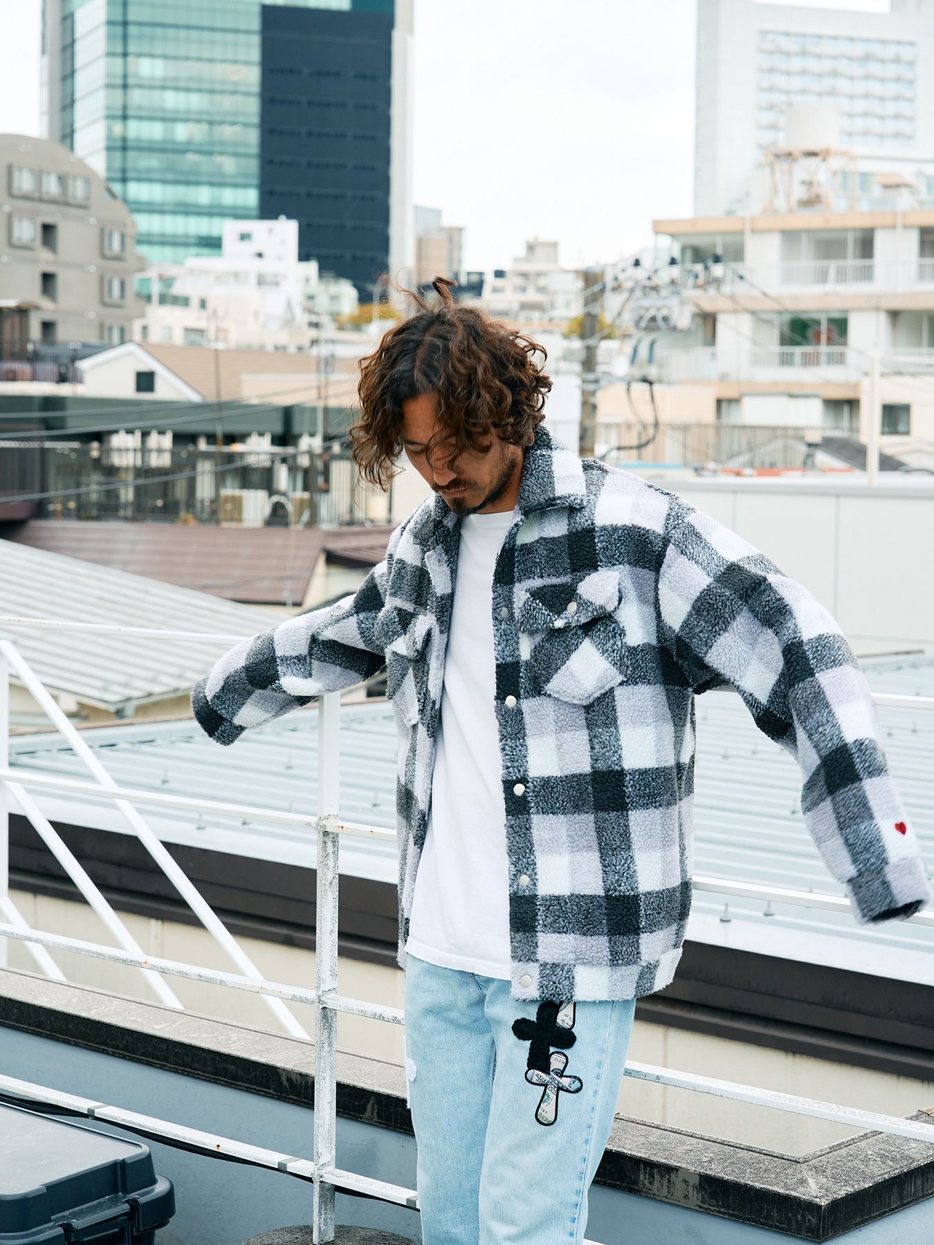 【予約品 】 ブロックチェックムックボア サガラパッチワークブルゾン / M.グレー