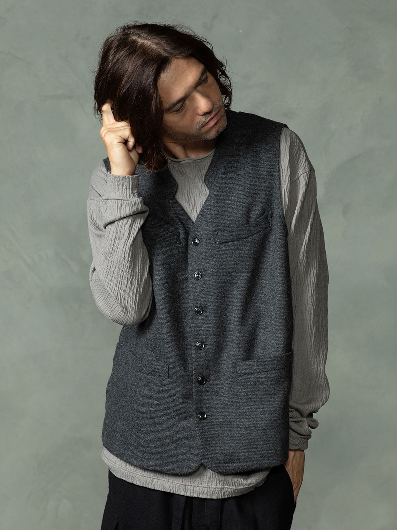 【予約品 7月5日(日) 締切】FRENCH GILET / ウールベスト / 杢チャコール