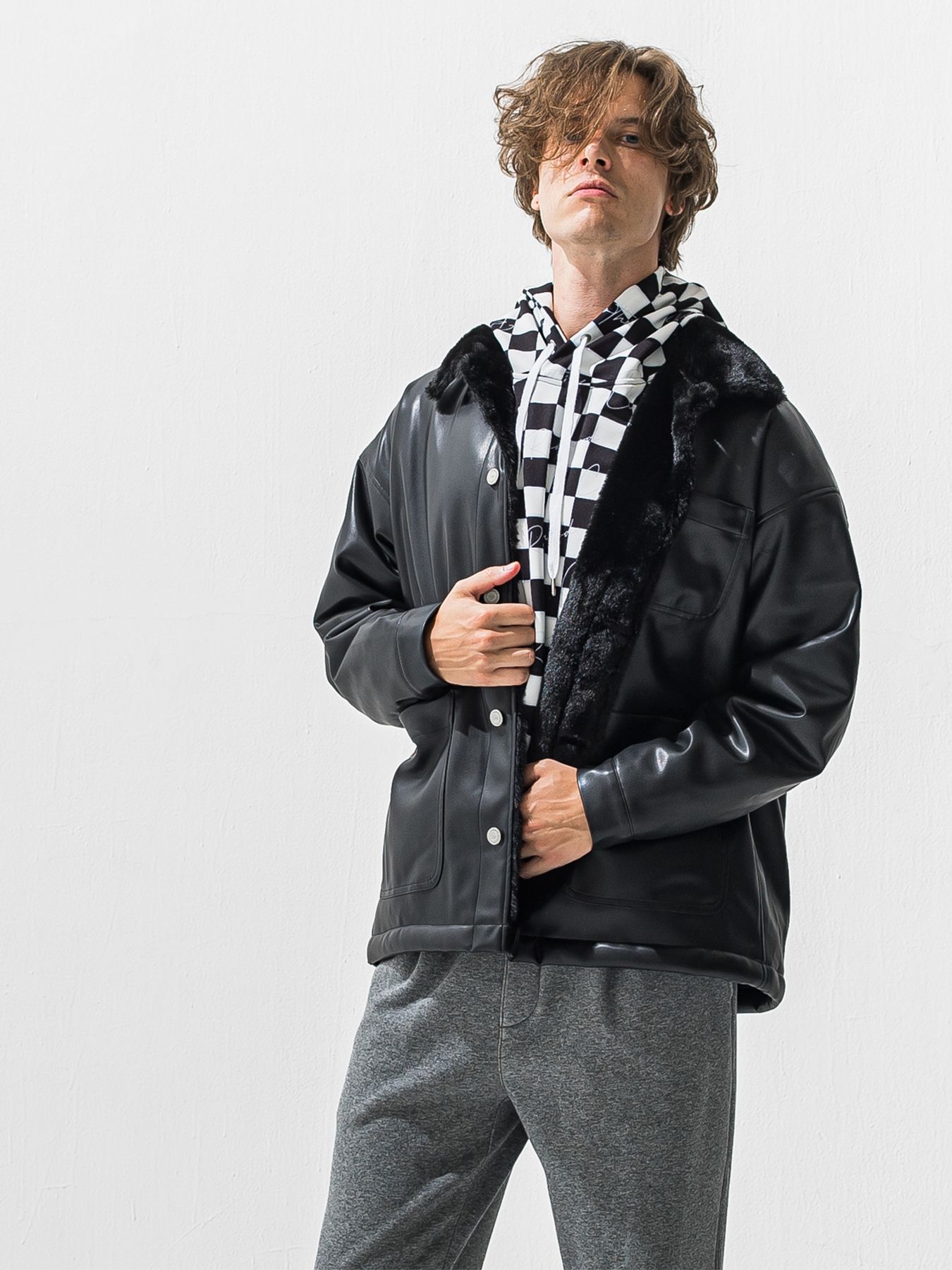 【予約品 9月6日(日) 締切】LEATHER FUR COVERALL / レザー ファー カバーオール / ブラック