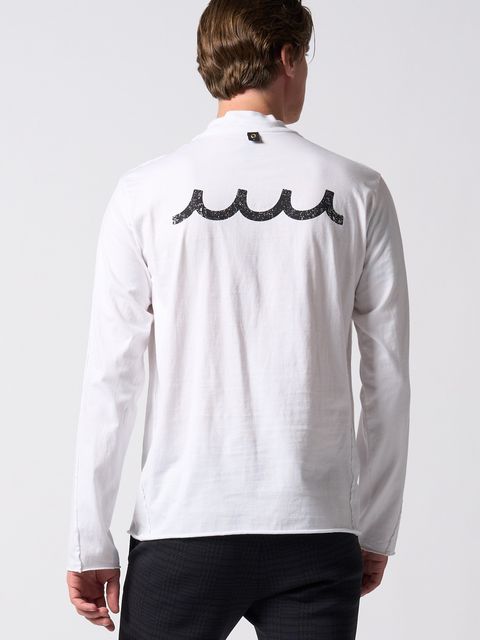 【予約品】muta × wjk collection：cut-off mock-neck L-S(printed) / モックネックロングスリーブカットソー / ホワイト