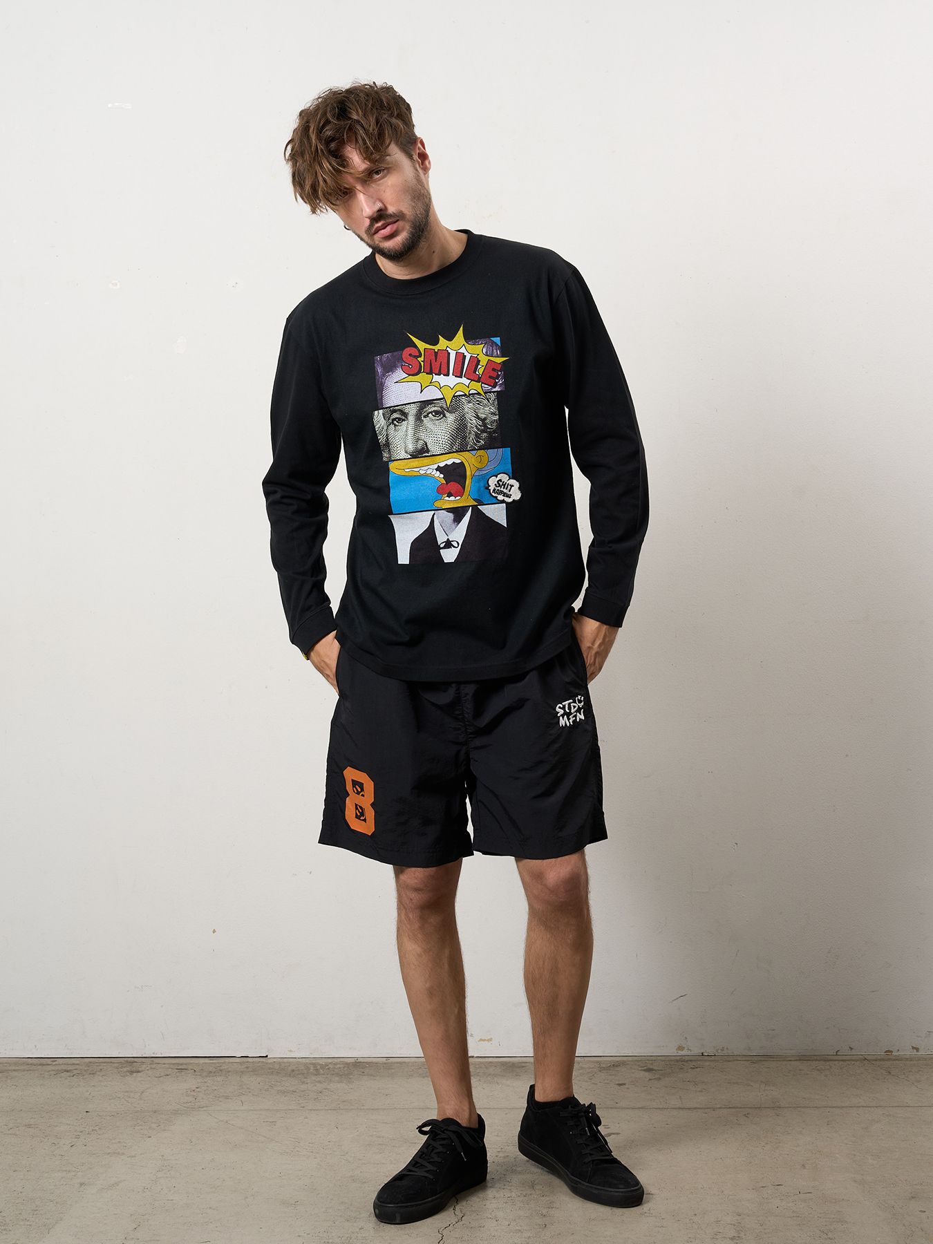 【予約品 10月16日(木) 締切】5.6ozコットン天竺 ブロックコラージュ&パッチ LSシャツ / ブラック