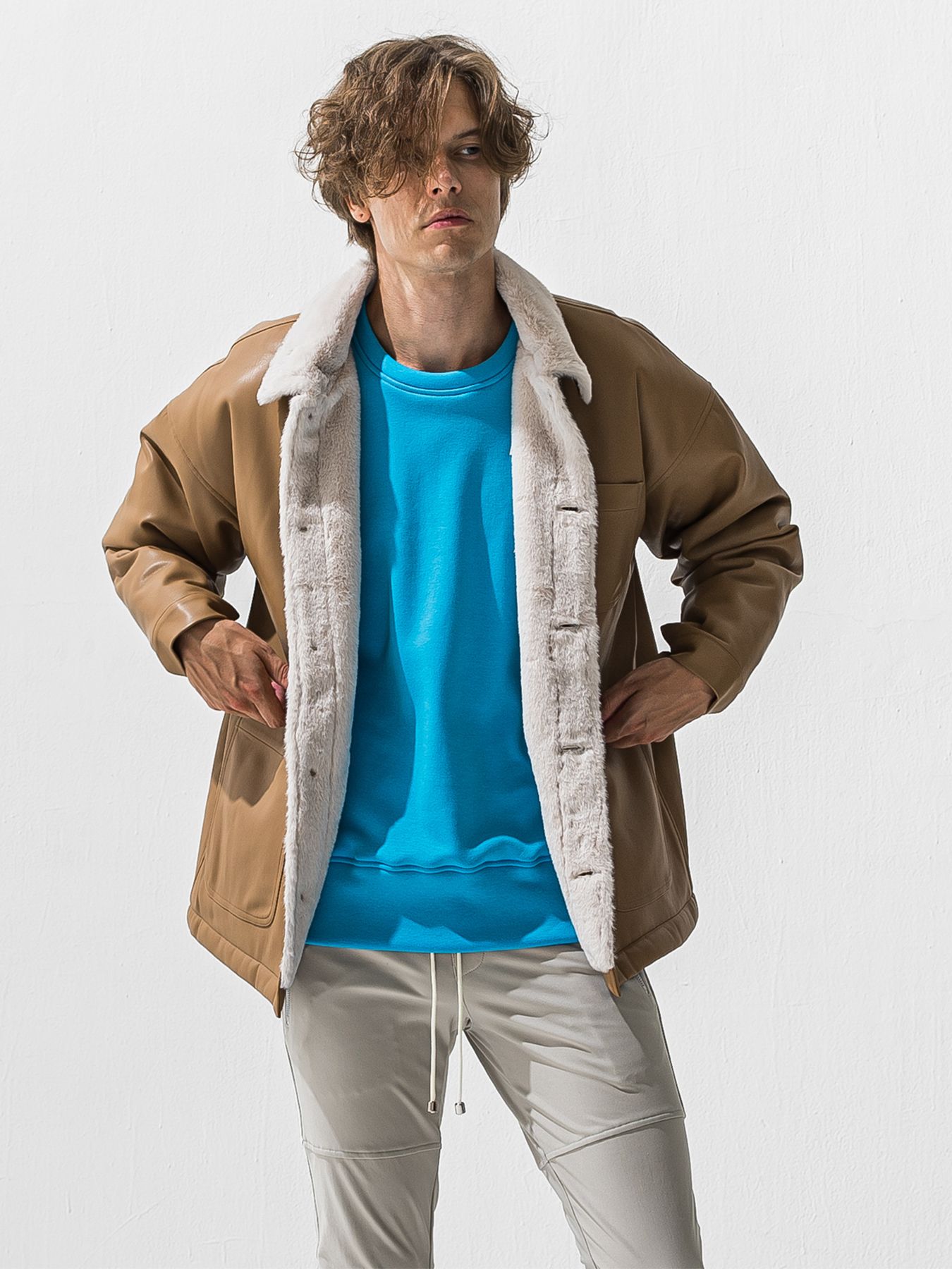 【予約品 9月6日(日) 締切】LEATHER FUR COVERALL / レザー ファー カバーオール / ベージュ