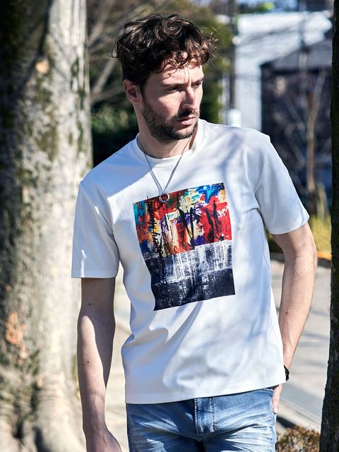 接触冷感加工グラフィック油絵プリント半袖Tシャツ / ホワイト 【HIDEAWAYS NICOLE】