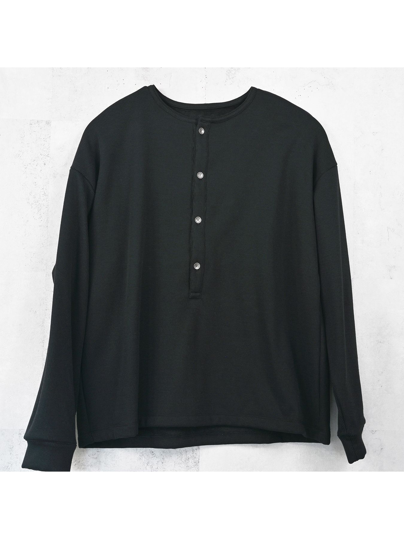 【予約品 9月6日(日) 締切】OVER HENRY VELOURS FLEECE THERMAL / 裏起毛 ハニカムサーマル オーバーサイズヘンリーネック / ブラック