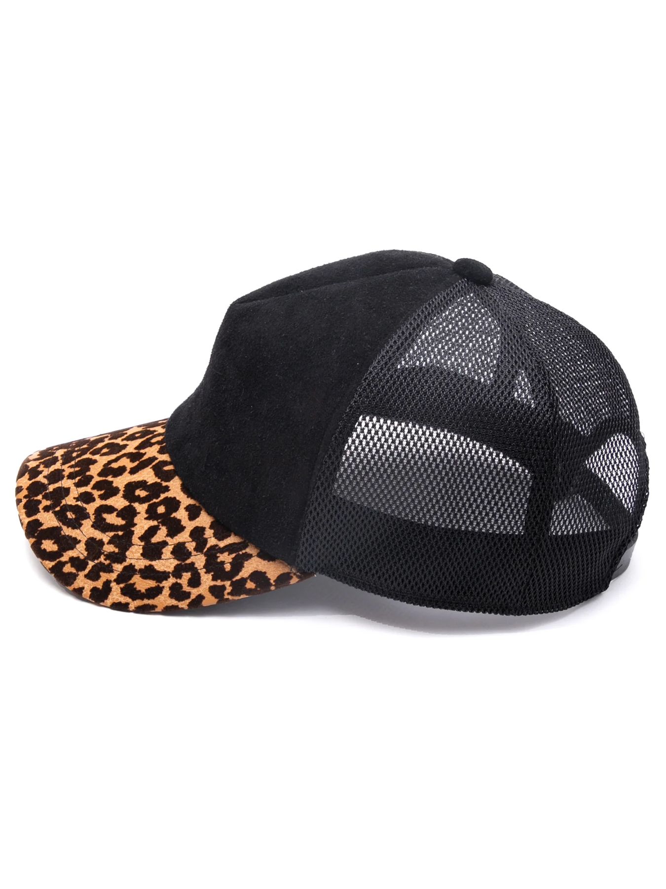 ディア スエード × 豹柄フロッキープリント ピッグ スエード レザーキャップ / BLACK × LEOPARD