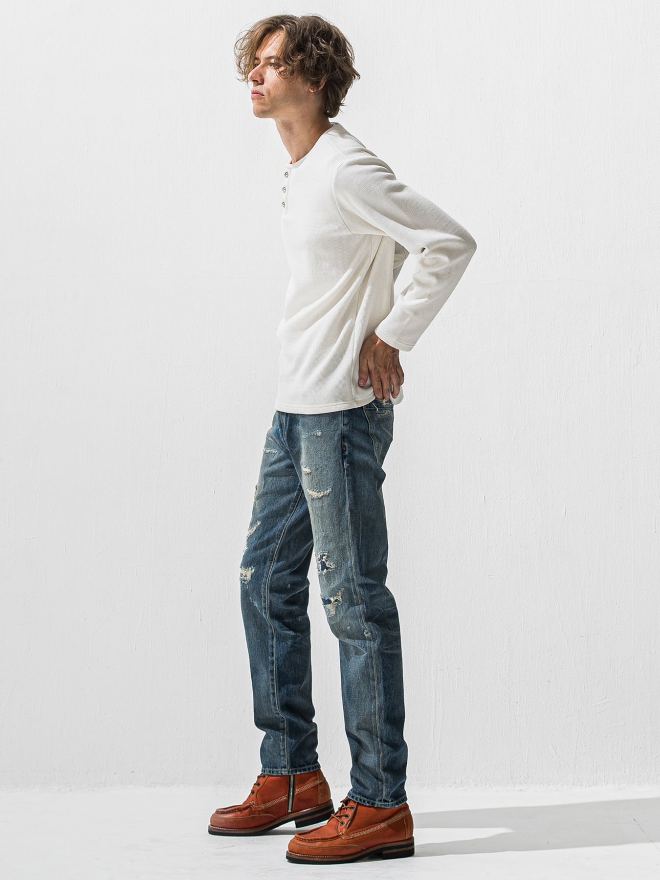 【予約品 9月6日(日) 締切】VELOURS FLEECE THERMAL HENRY / 裏起毛 ハニカムサーマル ヘンリーネック / ホワイト