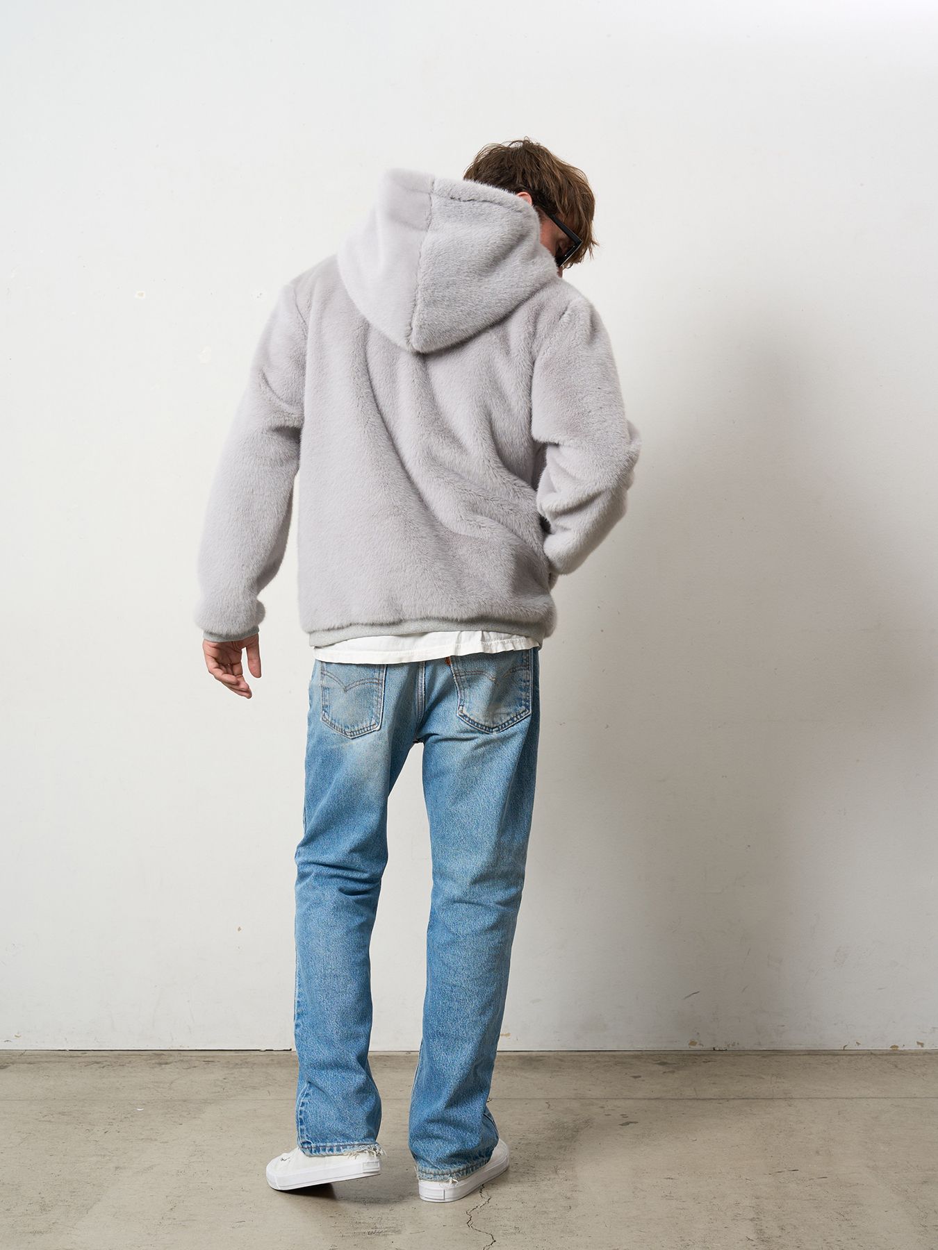 【予約品 5月8日(木) AM10時 締切】 ECOファー マルチパッチワークビックジップワイドパーカー / M.グレー