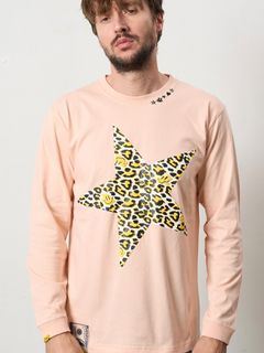 【予約品 5月8日(木) AM10時 締切】 5.6ozコットン天竺 レオパードスタースマイル発泡プリント LS Tシャツ / ペールピンク