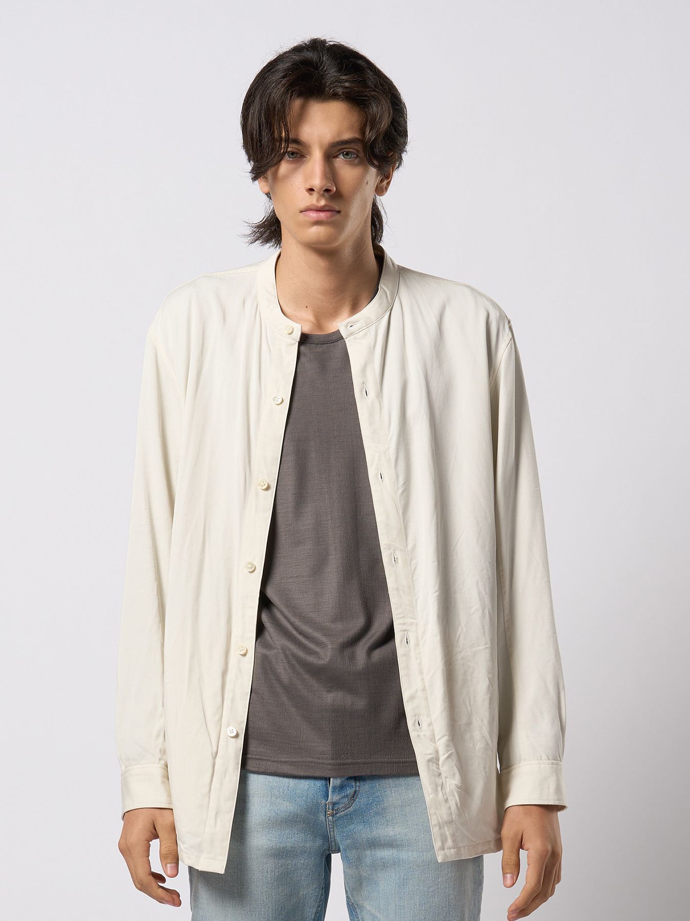 【予約品 9月23日(火) 締切】band collar shirt coat / バンドカラー シャツコート / オフホワイト