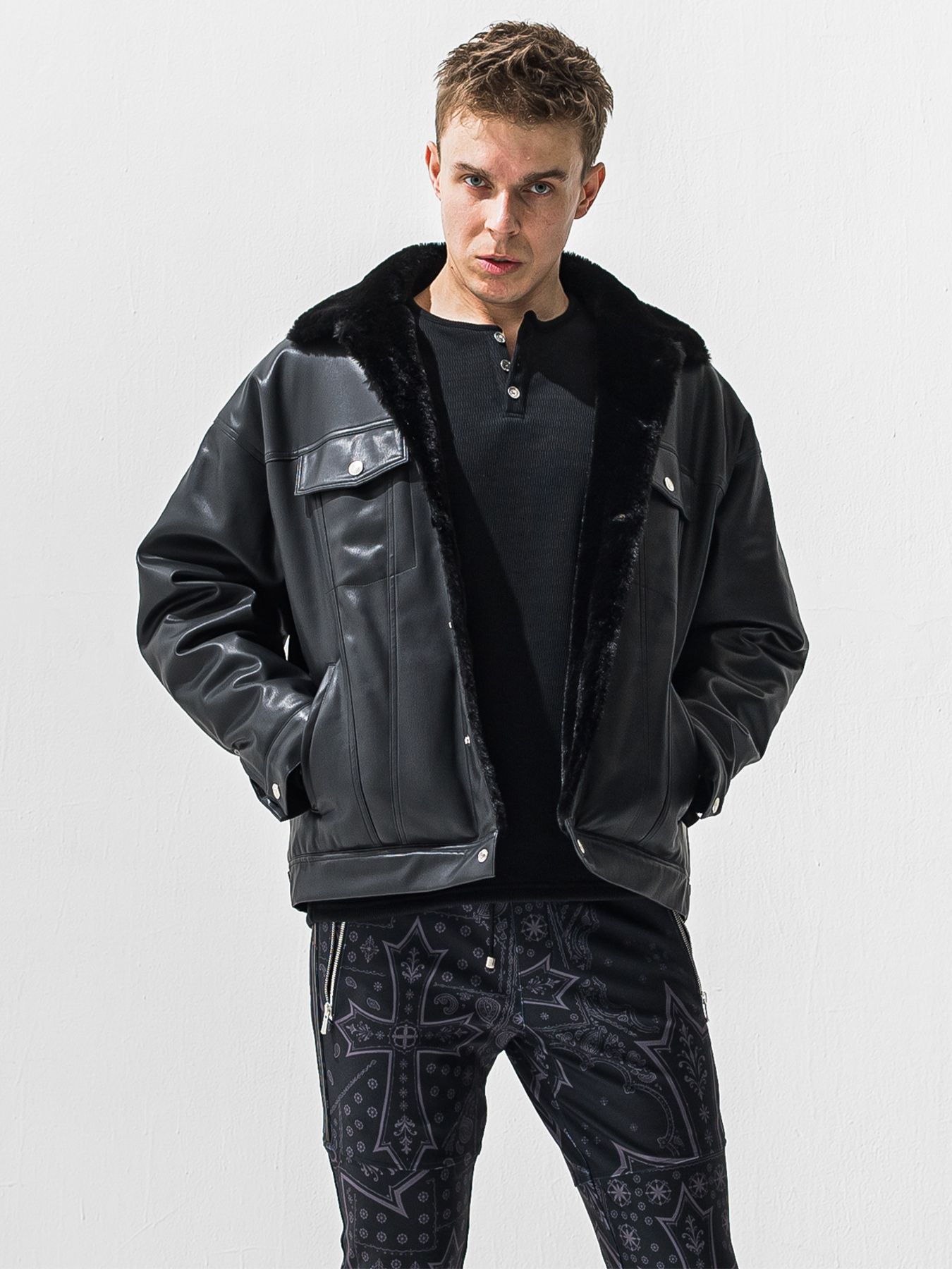 【予約品 9月6日(日) 締切】LEATHER FUR OVER G / レザー ファー オーバー Gジャン / ブラック