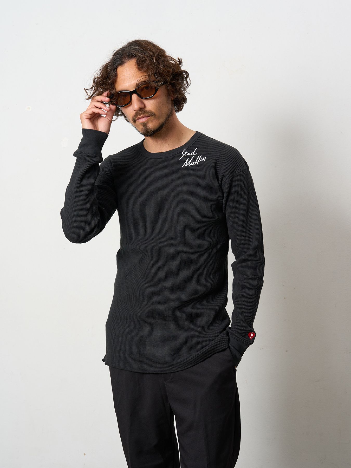 【予約品 5月8日(木) AM10時 締切】 ヘビーコットンワッフル ロゴ＆ハート刺繍 LS サーマル / ブラック