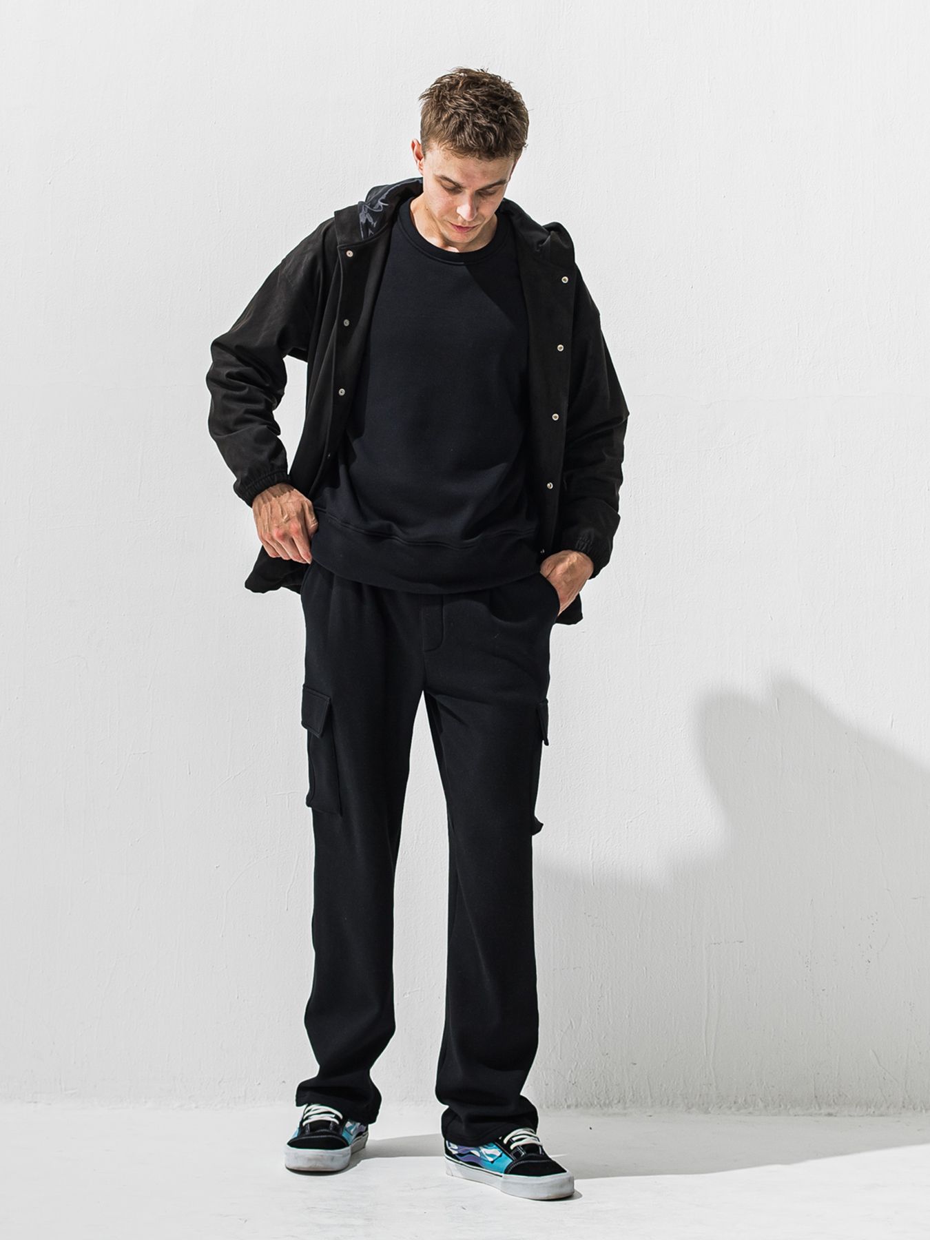 【予約品 9月6日(日) 締切】PIN ST RC VELOURS FLEECE DROP TRAINER / ピンストライプロゴ 裏起毛 ルーズトレーナー / ブラック