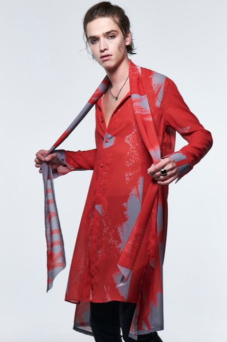 《予約品》 LogoShadowButterflyGC StoalFlareShirt / レッド＆グレー 【kiryuyrik】 2023年3月以降入荷予定